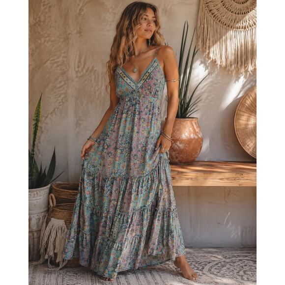 fab'rik Dresses & Skirts - fab’rik Maxi Dress Large Mint Paisley Boho Tassel Tie Cottage Festival Whimsical